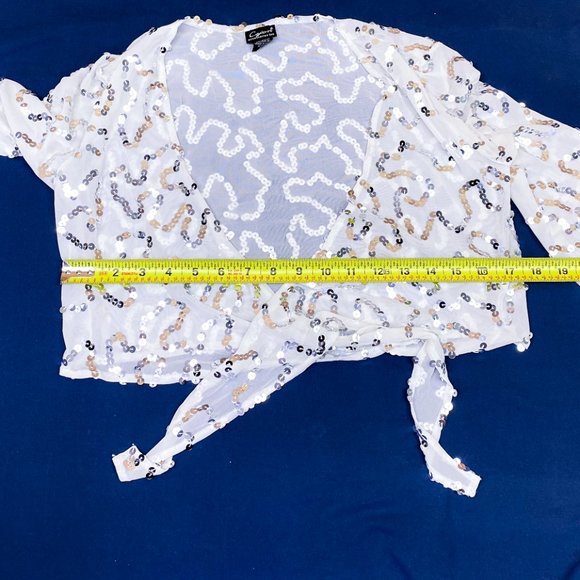 90s Y2k Women's Sequin Luxury Shrug Cejon Tie Front Mesh Crop Top - Picture 8 of 12